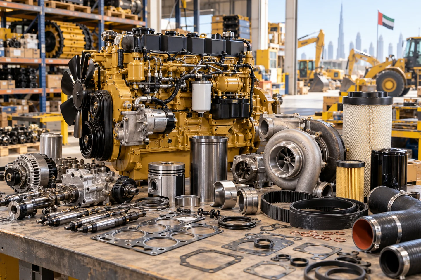 Heavy equipment engine and spare parts in an industrial workshop